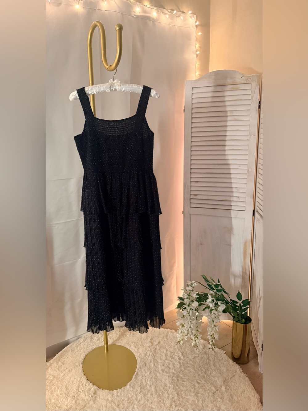 On 34th Black Polka Dot Tiered Midi Dress – Size L
